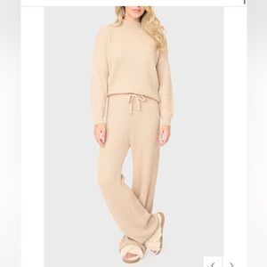 Drawstring Pull On Ribbed Sweater Knit Pant & Funnel Neck Cozy Ribbed Sweater